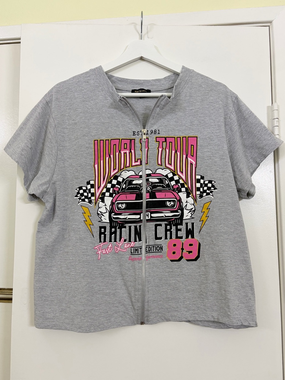 Ruby & Lace+ Racing Graphic Full Zip T Shirt 1X Y2K Moto Racer Biker Gray